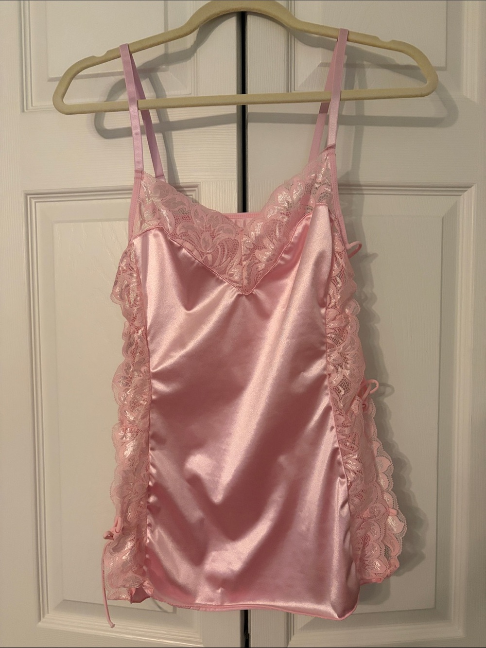 Pink Satin Lace-Trim Chemise Slip With Sides That Tie Adjustable Straps S/M Y2K